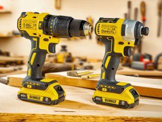 Powerful cordless drills displayed in a professional woodworking studio.