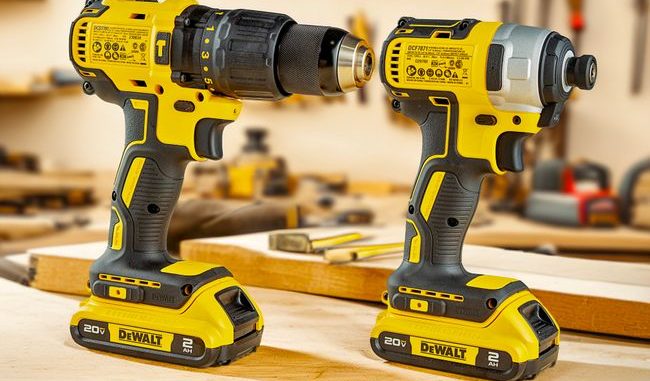 Powerful cordless drills displayed in a professional woodworking studio.