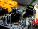 Detailed view of electronic components on a circuit board for computer technology.